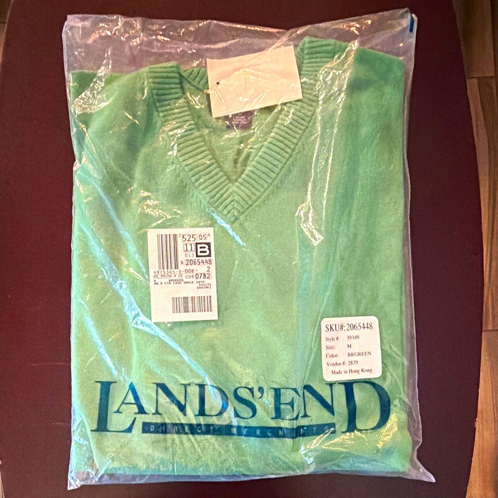 Lands' End Men's V-Neck Knit Sweater Cotton Cashmere Green Solid Size M